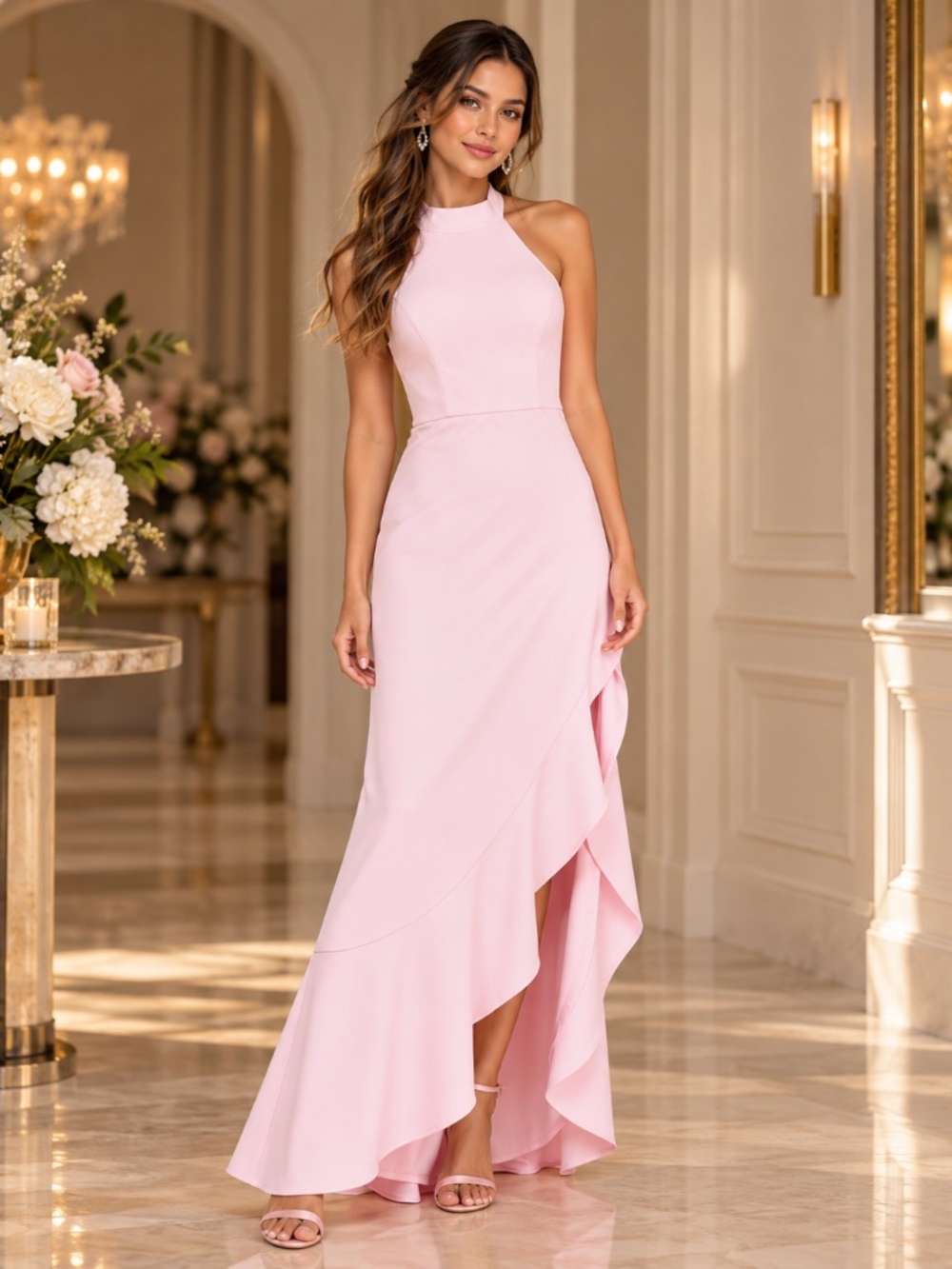 Lulus Majestic Perfection Maxi Dress Light Pink Maxi Ruffled Halter Size S NWOT